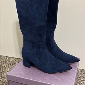 Suede Navy Blue Heeled Boots for Women